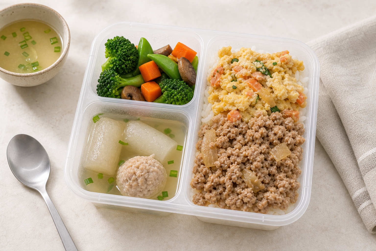 Studio photo of a My Little Boss meal tray with rice, soup, vegetables, and pork