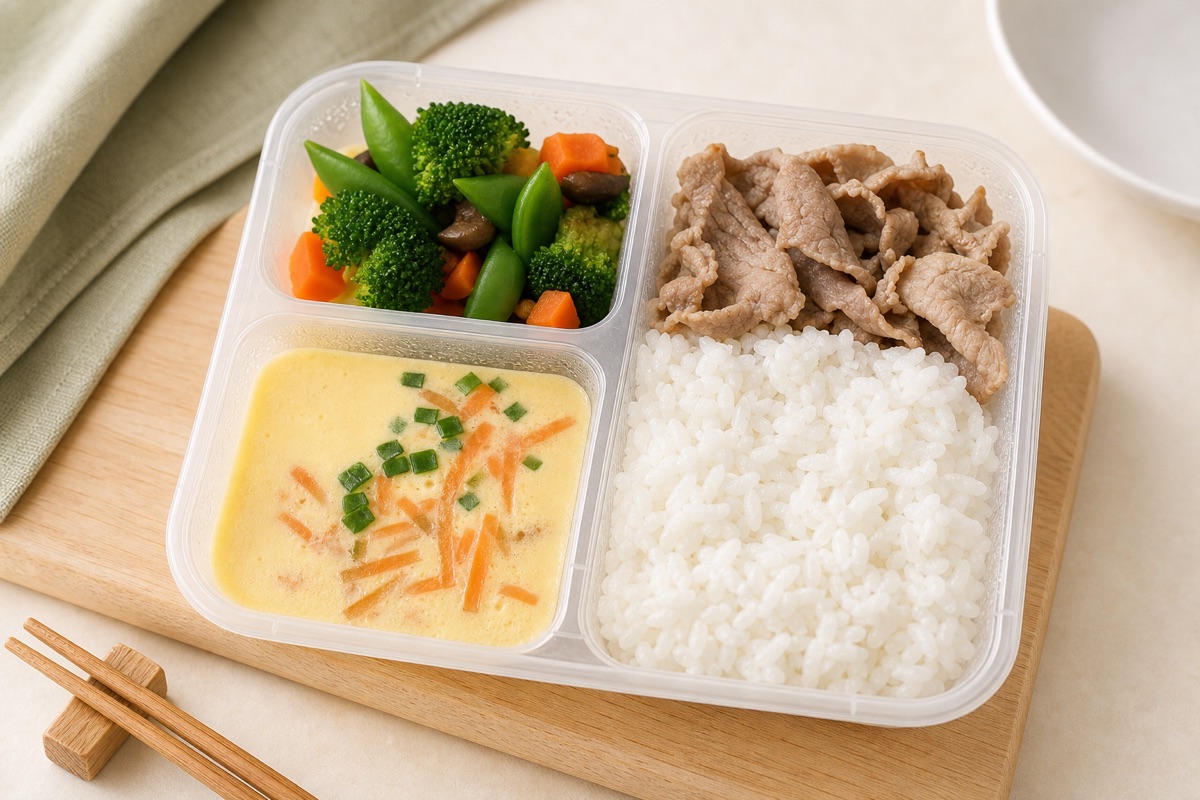 Studio photo of a My Little Boss meal tray with minced pork rice, clear soup, and vegetables