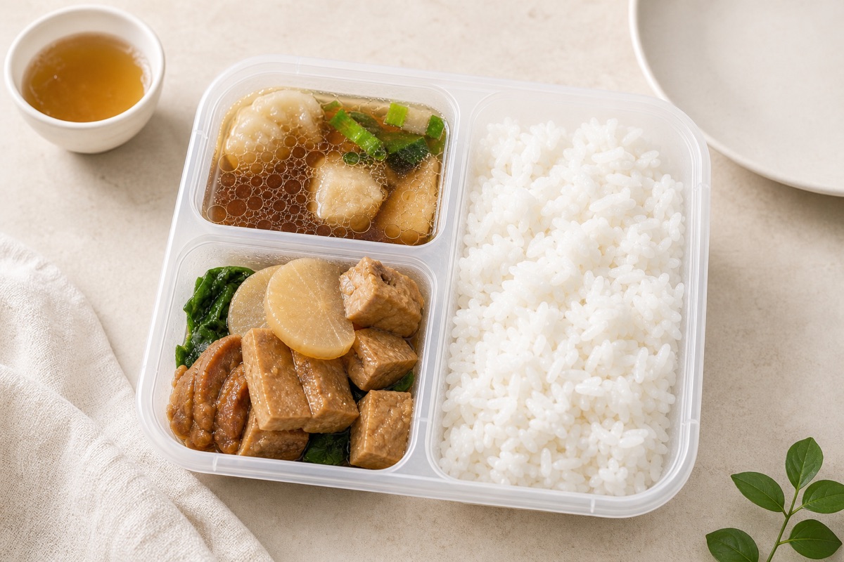 Studio photo of a My Little Boss meal tray with rice, sliced pork, vegetables, and steamed egg
