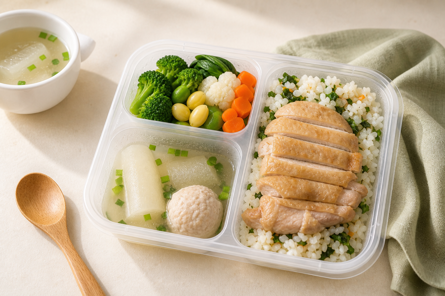 Studio photo of a My Little Boss meal tray with rice, braised side, and clear soup