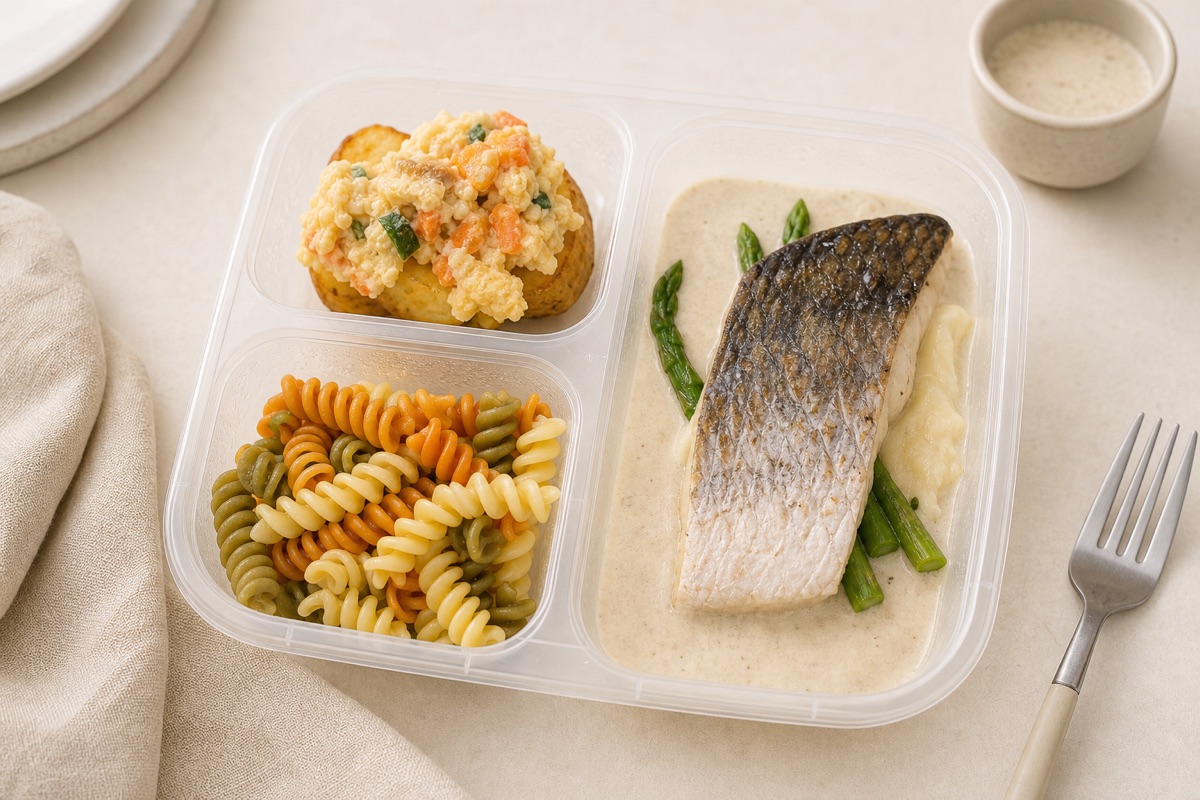 Studio photo of a My Little Boss meal tray with chicken rice, soup, and vegetables