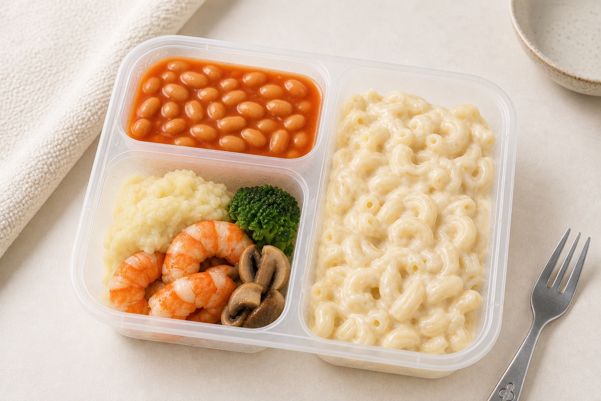 Studio photo of a My Little Boss meal tray with fish, pasta, and creamy sauce