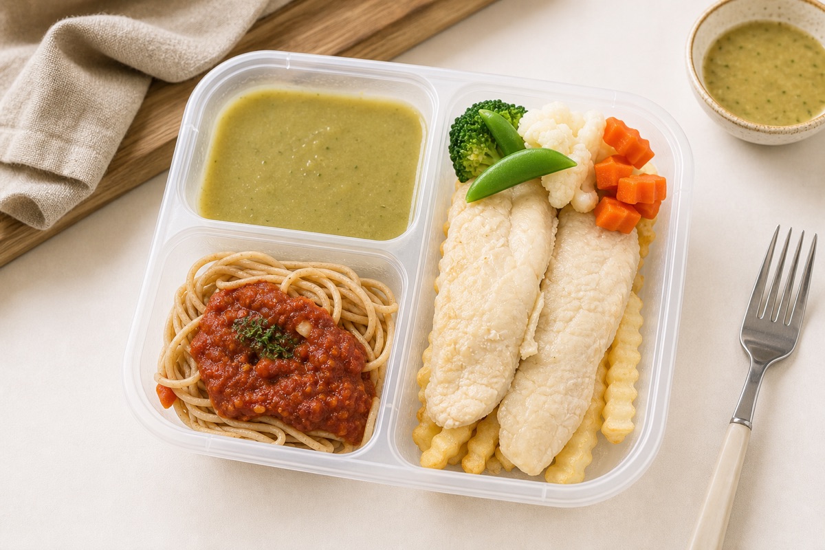 Studio photo of a My Little Boss meal tray with omelet, soup, chicken, and vegetables