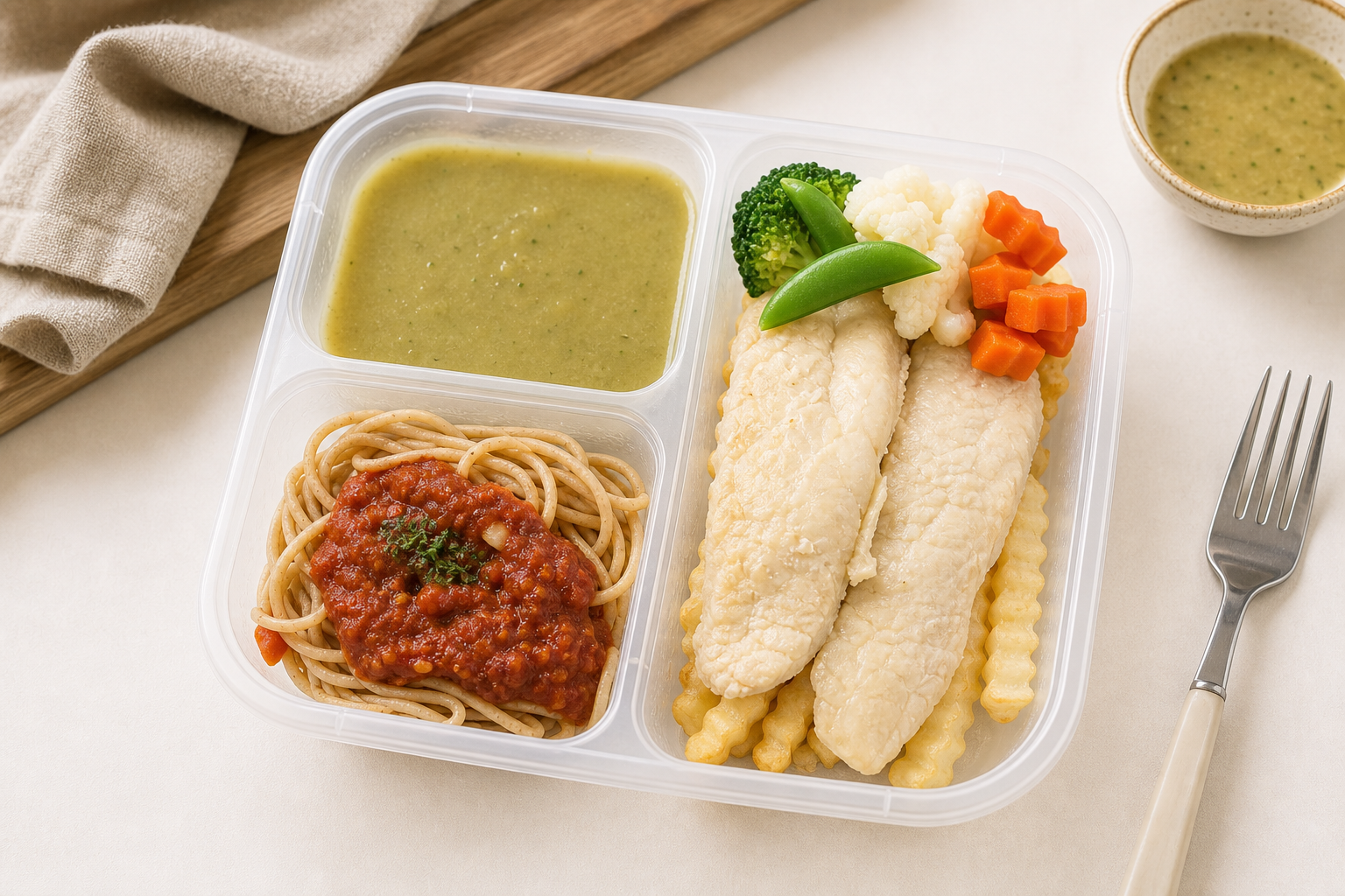 Studio photo of a My Little Boss meal tray with omelet, soup, chicken, and vegetables