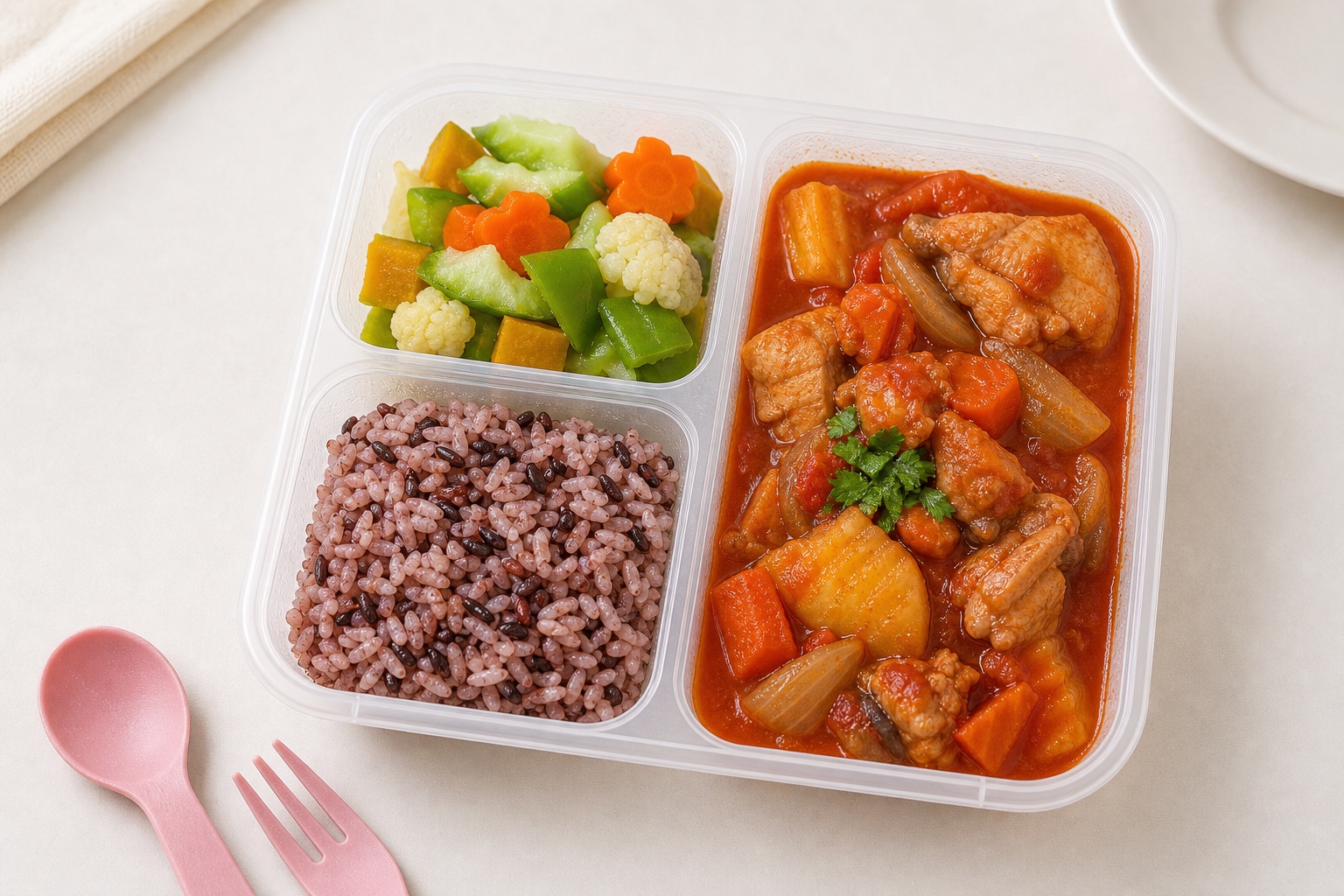 Tomato chicken stew with mixed rice and vegetables in a My Little Boss meal tray