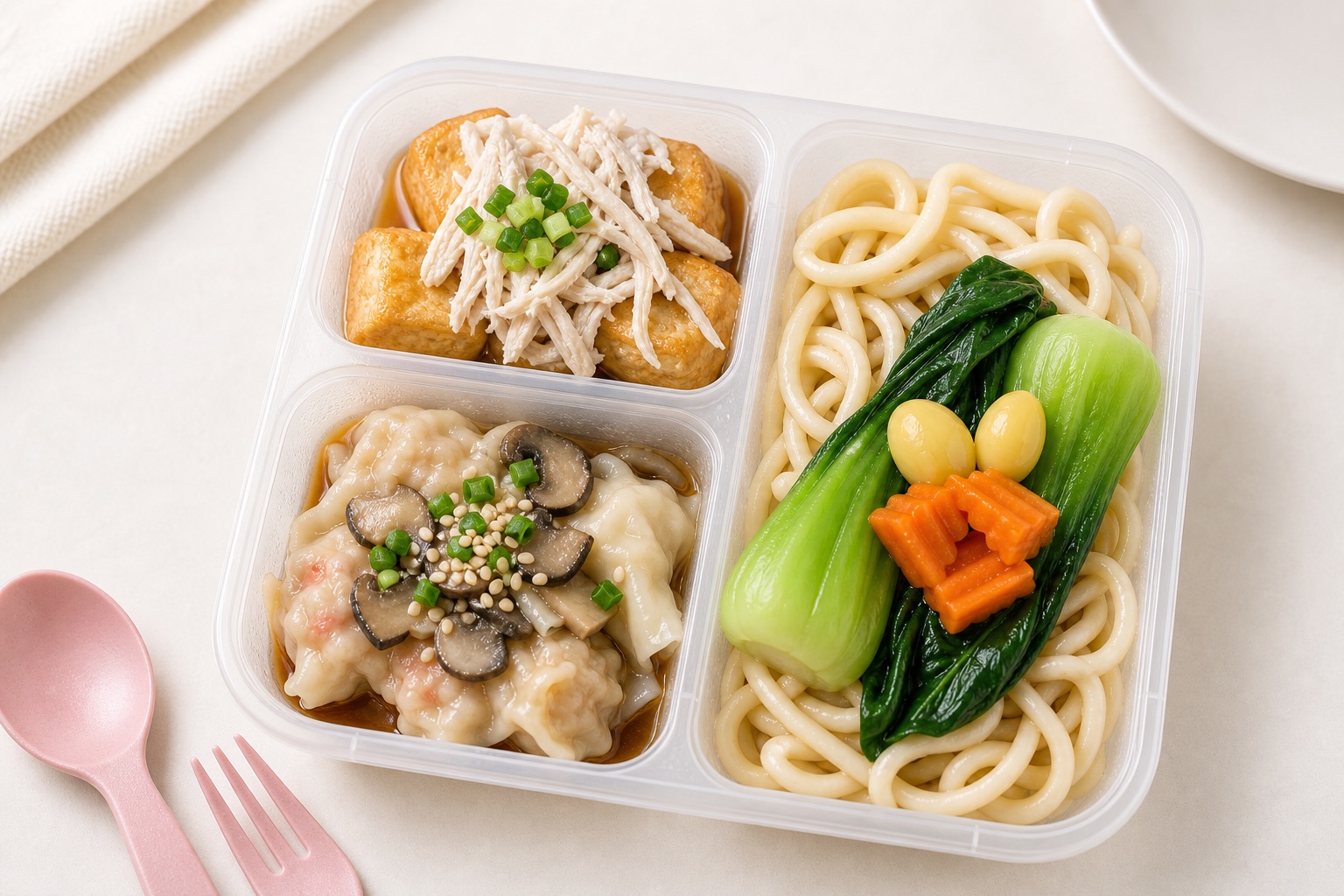Udon, dumplings, tofu, and vegetables in a My Little Boss meal tray
